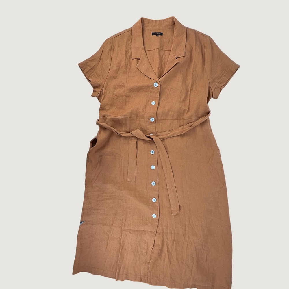 Quince Linen Shirt Dress Womens XL Brown Short Sleeve Button Front Midi Belted - Picture 4 of 9